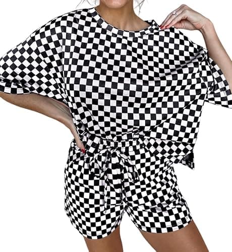 SELINK Womens 2 Piece Outfits Casual Checkered Top and Short 2pcs Set Plaid Short Sleeve Round Neck Daily Sweatsuit - Image 1