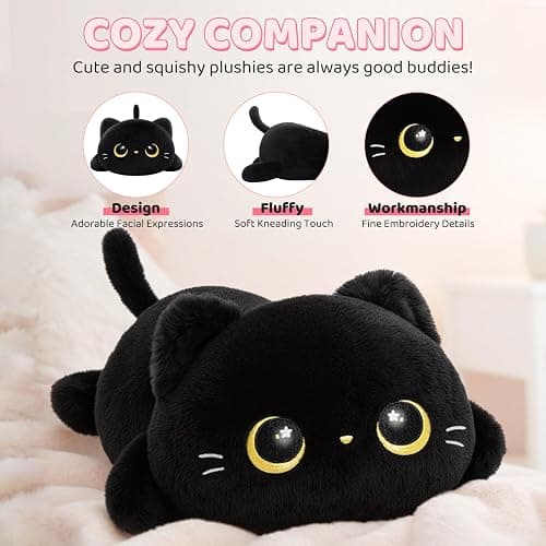 Cute Black Cat Plush Pillow, Kawaii Plushies Black Cat Stuffed Animals, Squishy Plushies, Cuddle Plush Pillow for Kids & Girls (13 Inch) thumbnail 5