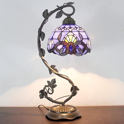 WERFACTORY Tiffany Table Lamp Blue Purple Stained Glass Baroque Style Reading Desk Light, Metal Leaf Base 8X10X21 Inches Decor Small Space Bedside Bedroom Home Office S003C Series thumbnail 5