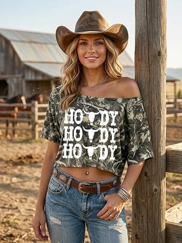 Women's Off The Shoulder Crop Top Short Sleeve Western Cowgirl Graphic Tees | Off The Shoulder Western Tops For Women, Retro Vintage Cow Skull Graphic T Shirt, Asymmetrical Y2k Loose Casual Tee Tops thumbnail 4