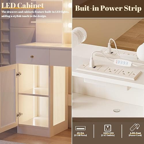 INNOD 40" Vanity Desk with Large Mirror and Lights, Modern Glass Top Makeup Vanity Set with Power Outlet, Drawers and Cabinet, 3 Lighting Color Adjustable Dressing Table for Bedroom,White thumbnail 6