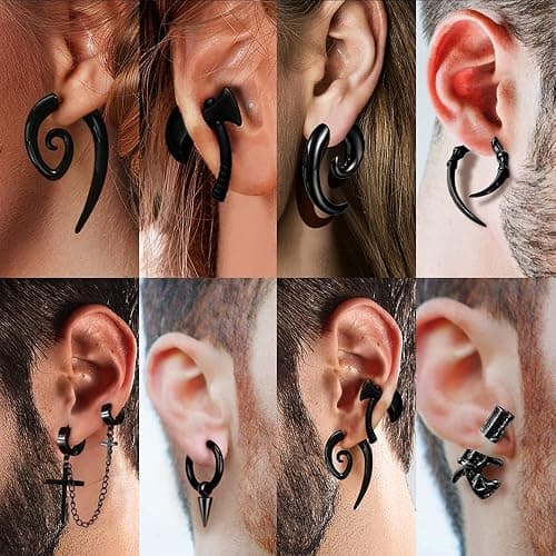 16 Pairs Stainless Steel Punk Y2K Black Dangle Earrings for Men, Axe Skull Screw Cone etc Huggie Hoop Long Chain Piercing Hoop Earrings Set for Unisex Earrings for Women thumbnail 3