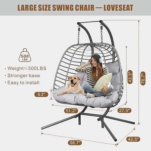 Double Hanging Egg Chair wth Stand, Patio Hammock Swing Chair with Cushion Loveseat for Bedroom, Balcony, Garden, Indoor, Outdoor thumbnail 3