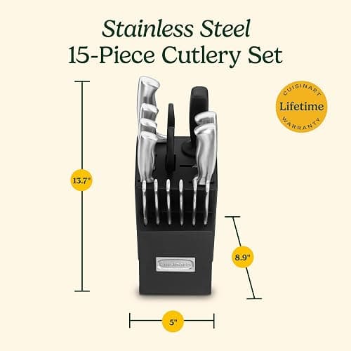 Cuisinart Stainless Steel Hollow Handle 15-Piece Cutlery Block Set, Kitchen Knife Set with Steel Blades for Precise Cutting, Durable Knives with Ergonomic Handles, C77SS-15PK thumbnail 2