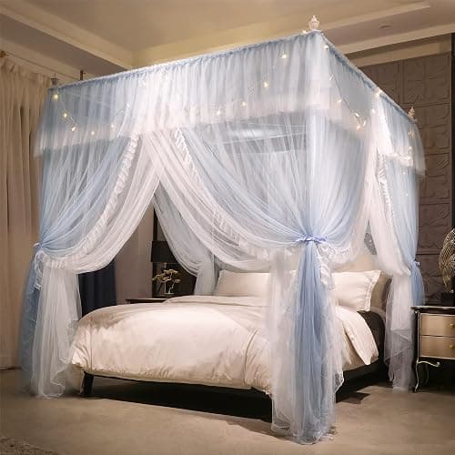 VETHIN 4 Corners Post Ruffle Princess Bed Canopy Curtain-Double Layer Cozy Drape Netting 4 Opening Mosquito Net for Girls Adults Bedroom Decoration (Gray/White,47" W*78" L*82" H/Twin) thumbnail 2
