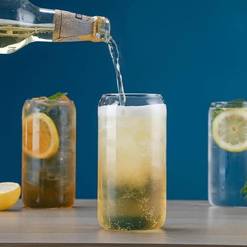 4-Pack 16oz Can Shaped Glass Cups Set, Drinking Glasses with Bamboo Lids and Glass Straw, Beer Glasses, Iced Coffee Glasses, Clear Cute Tumbler Cup, Ideal for Cocktail, Coke, Soda(2 Cleaning Brushes) thumbnail 4