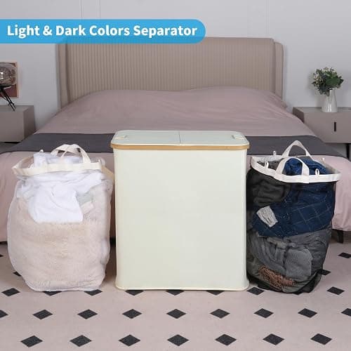 efluky Laundry Hamper with Lid, Double Laundry Hamper with 2 Removable Bags, 2 Section Laundry Basket with Bamboo Handles for Bathroom, Bedroom & Laundry Room, 140L (36.9 Gallon) Beige thumbnail 6