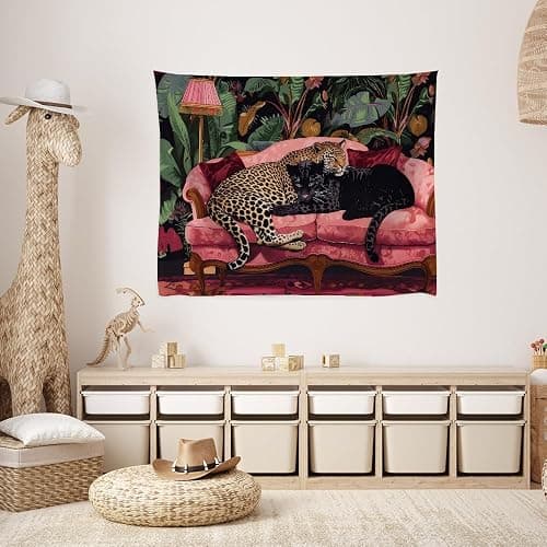 Maximalist Eclectic Cheetah Tapestry Wall Hanging Snuggly Leopard Panther In a Vintage Couch Prints Tapestries Leopard Bedroom Dorm Living Room Wall Decor 30x40inchwhite thumbnail 5