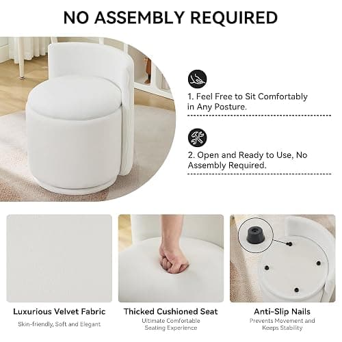 WUTUTUEE Velvet Vanity Chair with Storage, 360° Swivel Makeup Chair with Wave Back, No Assembly Small Accent Stool for Bedroom, Dressing, Living Room, White thumbnail 4