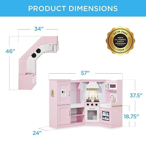 Best Choice Products Pretend Play Corner Kitchen, Ultimate Interactive Wooden Kids Playset w/Lights & Sounds, Ice Maker, Hood - Bevel Pink thumbnail 2