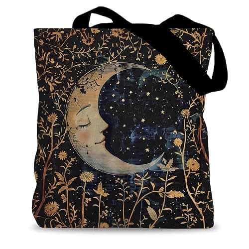 LADOCK Boho Floral Crescent Moon Tote Bag, Witchy Gothic Moon and Stars Canvas Tote Bags for Women, Mystical Celestial Boho Botanical Reusable Grocery Shopping Bags - Image 1