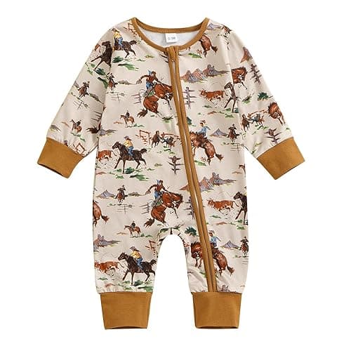 Karwuiio Baby Boy Girl Western Clothes Cow Print Long Sleeve Romper Jumpsuit One Piece Newborn Fall Winter Outfit - 0-3 Months - Western Print-light Brown