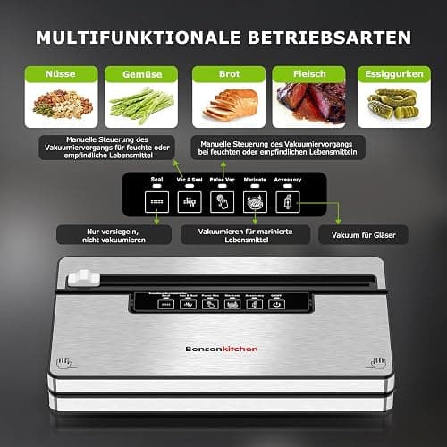 Bonsenkitchen Vakuumierer, 125W Vakuumiergerät mit 5 Modi, 8 L/Min | Globefish-Technologie für Kontinuierliches Arbeiten mit Hoher Geschwindigkeit, 5 Vakuumbeutel und 1 Rollbeutel thumbnail 3