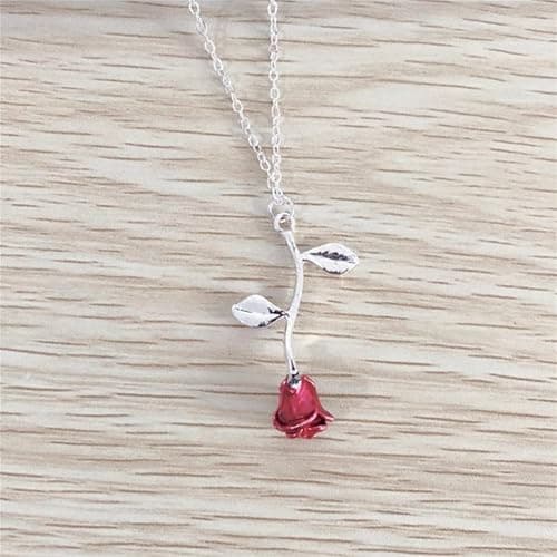 Spiritrain Red Rose Flower Pendant Necklace for Women Gold Silver Plated 3D Vintage Elegant Romantic Enamel Red Flowers Leaf Chain Necklace for Valentine's Day Anniversary Birthday Jewelry Gifts thumbnail 4