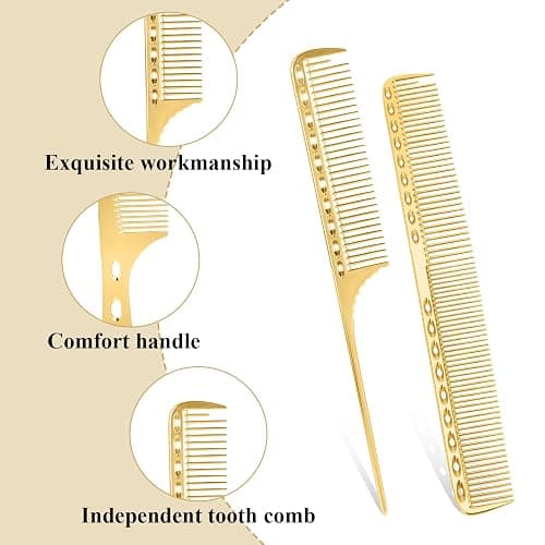 Professional Barber Aluminum Comb Set Metal Combs for Cutting Comb Hair Hairdressing Tail Comb (Golden) thumbnail 3