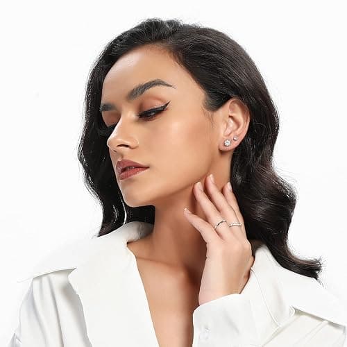 18K White Gold Plated 4 Pong Round Clear Cubic Zirconia Stud Earring Pack of 6 Pairs (6 Pairs) thumbnail 2