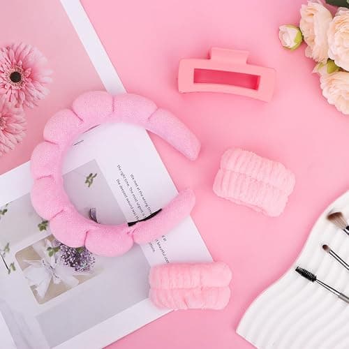 Wecoe Spa Headband And Wristband Set Skincare Headband For Washing Face Hair Claw Clips For Thick Hair Cute Pink Puffy Sponge Makeup Bubble Head Band Wrist Towels Scrunchies For Women Girls thumbnail 7