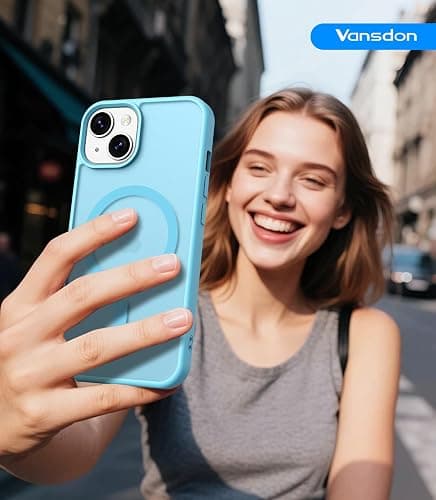 Vansdon Cover Magnetica per iPhone 13/14 con 1 Pezzi Vetro Temperato, Compatibile con Magsafe, Protezione anticaduta di livello militare, Custodia Traslucida Opaca Sottile Antiurto-Azzurro chiaro thumbnail 7