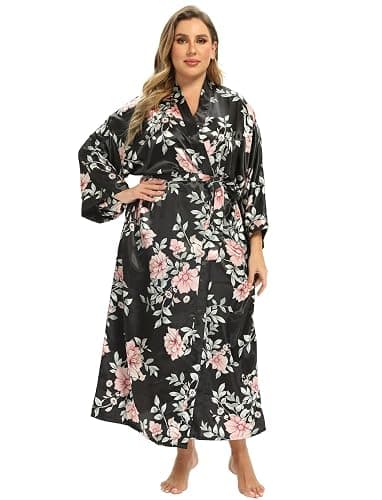 feslieacc Women's Floral Long Satin Robes Plus Size Long Silk Robes Peacock Floral Kimonos Sleepwear Dressing Gown thumbnail 2