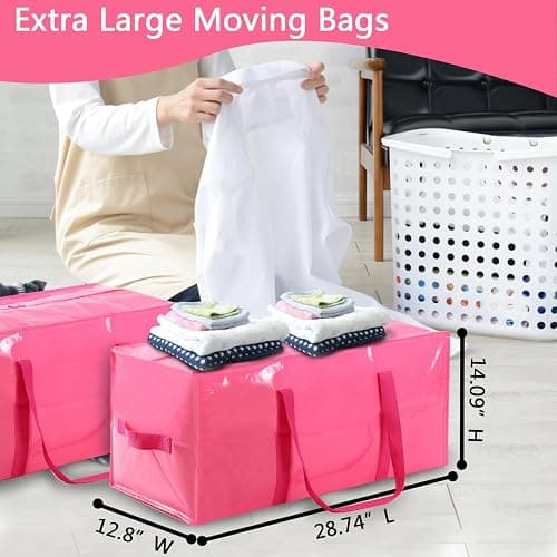 Extra Large Moving Bags with Strong Zippers and Handles Moving Supplies with lids, 2 Pack Heavy Duty Totes for Storage Bags for Space Saving, Fold Flat, Moving and Storing (Pink, 2 Packs) - 2 Packs - Pink thumbnail 2