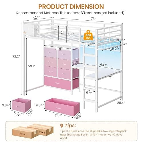 DICTAC Twin Size Loft Bed with L-Shaped Desk and 7 Storage Drawers,Metal Twin Loft Bed for Kids with LED Lights & Charging Station,Girls loft beds with 13.11" H Safety Guardrail and Stair,White+Pink thumbnail 3