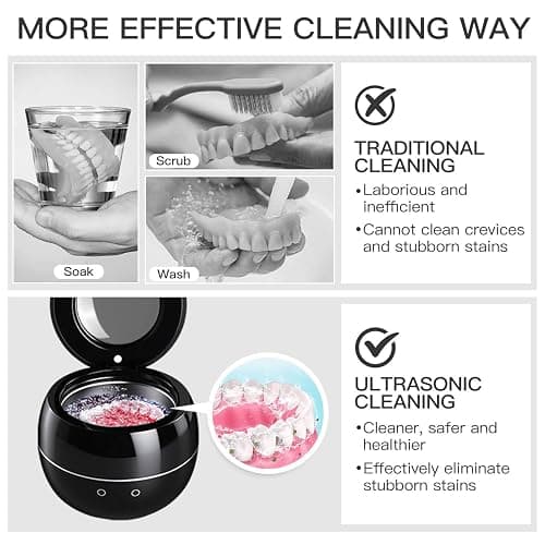 Dental Ultrasonic Retainer Cleaner Machine: 45kHz Dental Cleaning Pod for Denture, Aligner, Mouth Guard, Night Guard, Braces & Jewelry, UV Denture Cleaner with Digital Timer & Dual Mode 250ML Black thumbnail 4