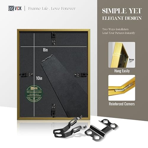 VCK 8x10 Picture Frame Gold 6 Pack, High-End Aluminum Metal Poster Frame with Tempered Glass, Display Photo 5x7 with Mat or 8x10 Without, for Home, Office, Studio and Gallery, Wall Hanging or Tabletop thumbnail 3