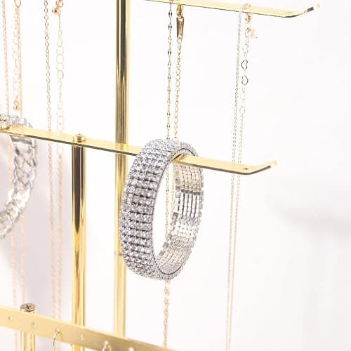 Necklace Bracelet Earring Holder Stand, Multi-Use Jewelry Display Organizer with Tray, T-Bar Metal Jewellery Organizer Stand, Jewelry Hanger Tower Rack for Women (Gold) thumbnail 5