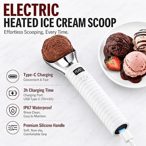 DLUCK Heated Ice Cream Scoop for Hard Ice Cream, Gelato & Frozen Desserts, Electric Ice Cream Scooper with Smart Temperature & Battery Display, USB-C Rechargeable, Durable One-Piece Design (White) thumbnail 3