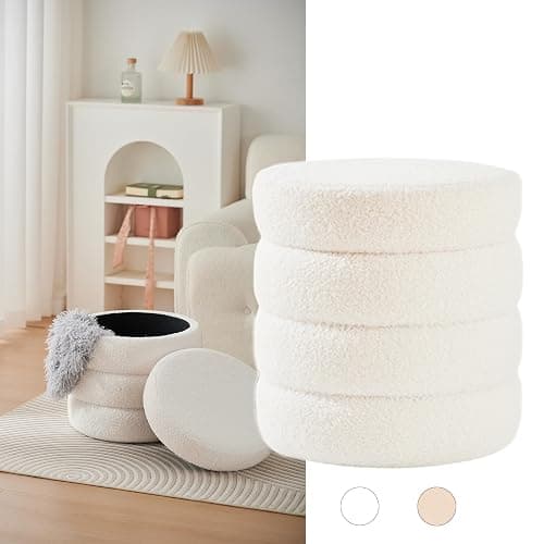Zedelmaier Runder Teddy Hocker mit Stauraum - Sitzhocker, Schminktisch & Aufbewahrungshocker für Wohnzimmer, Schlafzimmer & Kinderzimmer (Weiß) - Image 1