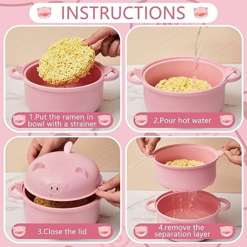 Romooa 1 Set Large 45oz Cute Ramen Bowl Set Microwavable Pig Ramen Noodle Cooker Wheat Straw Bowl with Strainer Lid Spoon Chopsticks Fork Back to School Gift for Dorm College (Pink) thumbnail 5