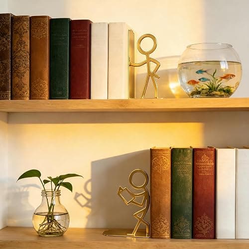 Metal Bookends People Book-end, Decorative Cute Book Ends for Shelves in Home Office Desk, Bookshelf Decor & Gift, Stable Storage (Gold Readers) thumbnail 2