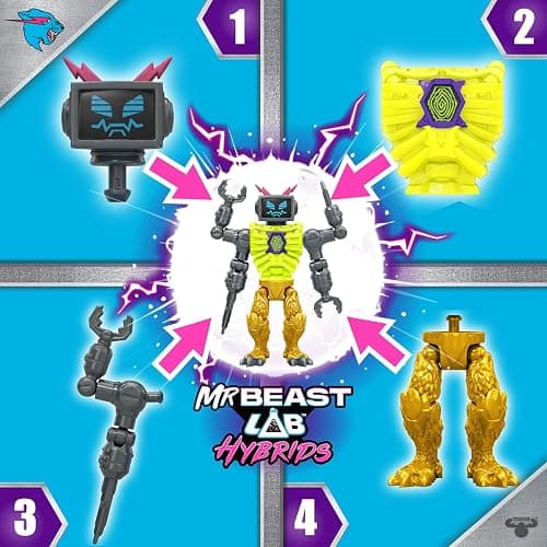 MrBeast Lab Hybrids Multi Pack, Reveal Different Hybrid Parts to Create 2 Mix & Match Action Figures, Plus Parts of The Golden Panther Dragon, Fuse Beast Combinations, Lab-Bot vs GID Skeleton thumbnail 3
