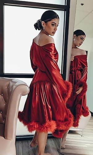 yinyyinhs Women's Feather Robe Silk Satin Bridal Dressing Gowns Short Nightgown Bathrobe Sleepwear Maternity Photoshoot Robe thumbnail 5