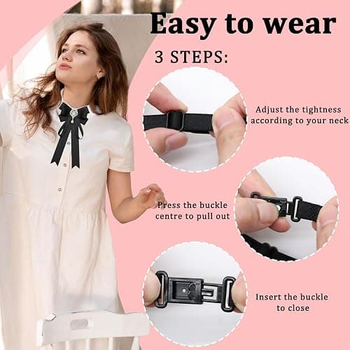 LJBFNN Bow Tie For Women, Pre-Tied Ribbon Tie Adjustable Bowtie with Rhinestone Girl Bow Ties for Collared Blouse Shirt Dress thumbnail 3