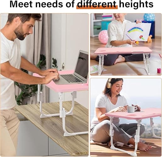 DECOSIS Bed Desk Height Adjustable, Bed Laptop Table with USB/Storage Drawer/Cup Holder/Tablet Stand/Book Shelf, Foldable Breakfast Tray Portable for Reading Writing, Bed, Sofa & Floor, Wood, Pink thumbnail 7
