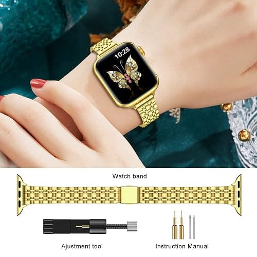MioHHR Slim Metal Band Compatible with Apple Watch Bands 42/41/40/38mm | Thin Luxury Stainless Steel iWatch Bands Series 11/10/9/8/7/6/5/4/3/2/1/SE3/SE2/SE for Women,Gold thumbnail 5