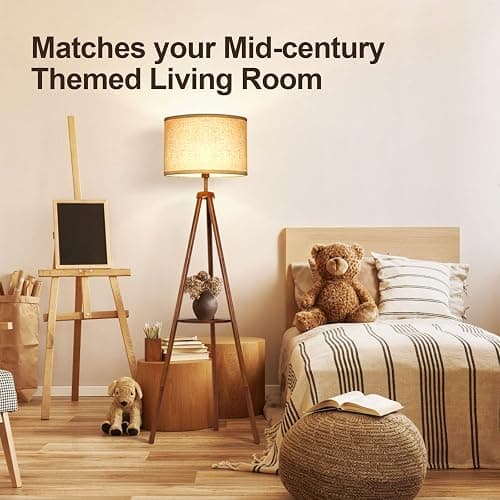 OUTON Tripod Floor Lamp with Shelves, Mid Century Dimmable Wood Floor Lamp with Remote Control, 4 Color Temperatures, Standing Tall Lamp with Linen Shade for Living Room, Bedroom, Office, Walnut thumbnail 8