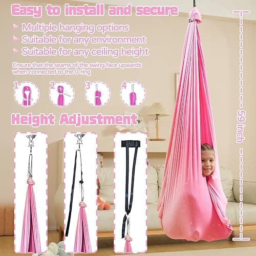WUBOTIYU Sensory Swing for Kids Indoor & Outdoor Double Layer Therapy Cuddle Hammock Chair with 360° Swivel Hanger Kit Adjustable Child and Adult Aspergers Autism ADHD (Pink) (WUBOTIYU010) thumbnail 2
