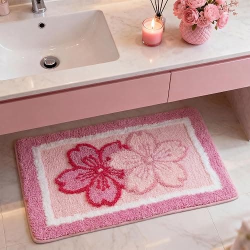 Boao Cherry Bath Mat Blossom Pink Flower Tufted Bathroom Rug Non Slip Soft Absorbent Tufted Cute Cherry Bathroom Accessories Decor for Bedroom Kitchen Floor Tub Shower Sink, 24 x 16 Inches thumbnail 4