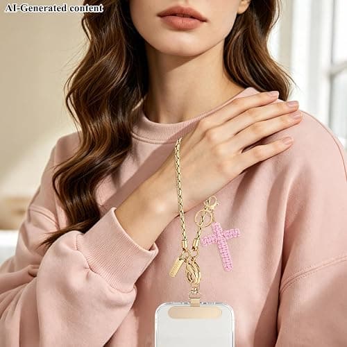 Phone Wrist Strap Gold Metal Chain Wristlet Charms Lanyard for Women | Lightweight anti-drop wrist lanyard, cute charms & keychain, for daily, party, travel, music festival, universal fit with tab thumbnail 3