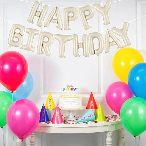 Beige Happy Birthday Ballons Banner,Happy Birthday Luftballon Girlande 16 Zoll Silver Folie Happy Birthday Folienballon Luftballon Helium Ballon Geburtstagsballon Banner für Geburtstag Party thumbnail 7
