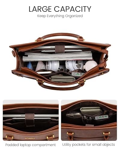 LOVEVOOK 17 Inch Laptop Tote Bag For Women Teacher Work Bag, Leather Computer Bags For Laptops For Women, Vintage Waterproof Laptop Bag Business Briefcase Office Large Shoulder Handbag Purse, Brown - 17.3 inch - Brown thumbnail 3