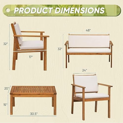 Flamaker Patio Furniture 4 Piece Outdoor Acacia Wood Patio Conversation Sofa Set with Table & Cushions Porch Furniture for Deck, Balcony, Backyard thumbnail 3