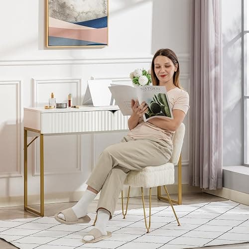 Manyday Vanity Chair with Storage, Comfy Ottoman with Folding Back, Faux Fur Vanity Stool with 4 Metal Legs for Make Up, Furry Padded Seat with Anti-Slip Feet for Bedroom Dressing Room thumbnail 4