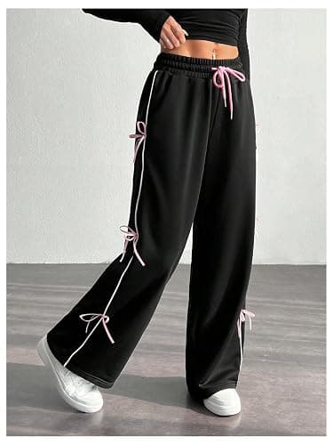 GORGLITTER Women's Bow Y2k Sweatpants Drawstring Wide Leg Baggy Flare Coquette Pants Trousers - Large - Black thumbnail 3