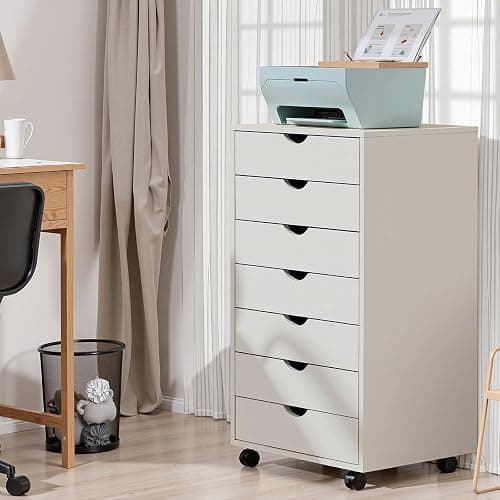 OLIXIS 7 Drawer Mobile File Cabinet Under Desk Storage Organization with Wheels Vertical Filing Chest Rolling Wood Small Desk Printer Stand for Home Office, 15.75"D x 18.74"W x 34.25"H, White thumbnail 8