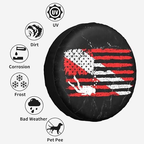 Vintage American Diver Down Flag USA Scuba Diving Dive Flag Tire Cover 14" 15" 16" 17" Personalized Waterproof Spare Wheel Cover Fit for Car Jeep RV SUV Truck thumbnail 6