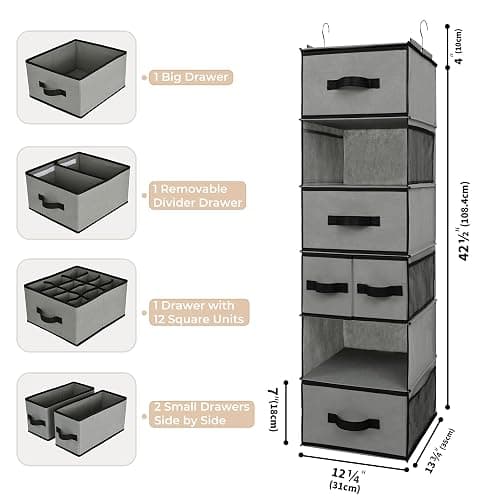 GRANNY SAYS Hanging Closet Organizer 6 Shelves, Closet Organizers and Storage with 5 Drawers, 6 Side Pockets Closet Hanging Organizer, Hanging Storage Organizer for Closet, Baby Clothes, Gray thumbnail 3