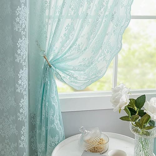 YJ YANJUN Vintage Lace Curtains 84 Inches Long-Victorian Floral Pattern Aqua Sheer Curtain Panels for Living Room Bedroom,Light Filtering, Memaid Beachy Drapes 2 Panels 52W x 84L Mint Green thumbnail 7